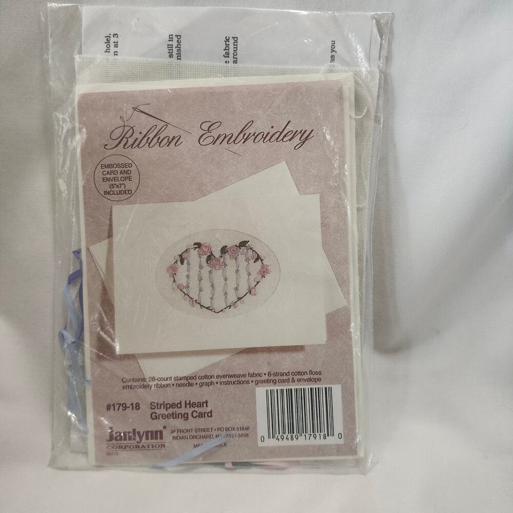 Striped Heart Greeting Catd Ribbon Embroidery Kit Janlynn Complete Opened PO